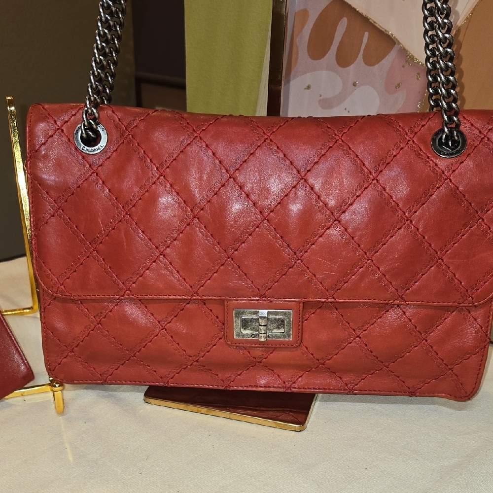 Chanel Red Quilted Shoulder Bag with Silver Chain